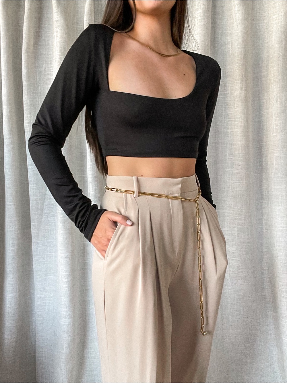 Black Asymmetrical Long Sleeve Crop Top – Going Out